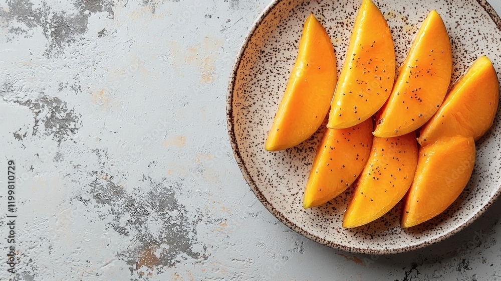 Aufkleber Isolated of fresh mango slices arranged in a spiral pattern on a plate placed on a plain white surface Stock Photo with side copy space
