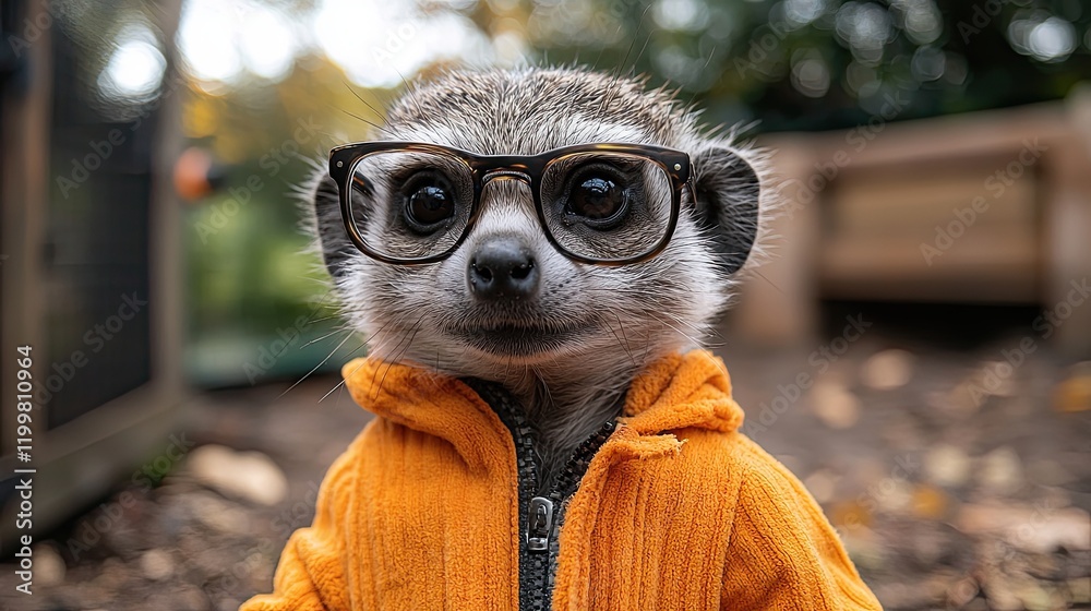 Poster Cute meerkat wearing glasses and orange jacket poses in a natural setting surrounded by greenery in the afternoon light