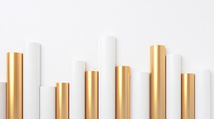 The image features a collection of cylindrical tubes in white and gold, arranged in varying heights against a clean white background.