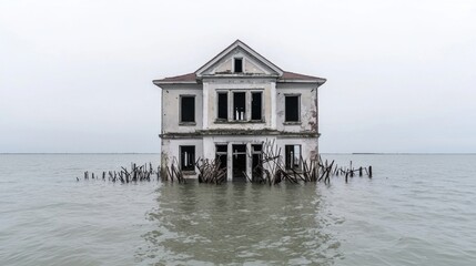 Abandoned House Surrounded by Water in a Gloomy Atmosphere