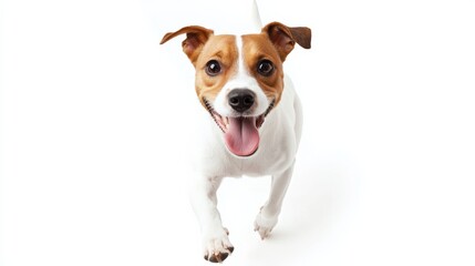 A playful dog with a wagging tail, looking cheerful, isolated on a seamless white backdrop,
