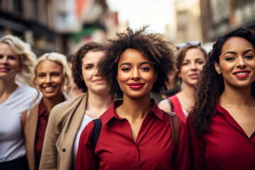 Fototapeta premium AI generated image of young woman on a social protest with diverse crowd march day