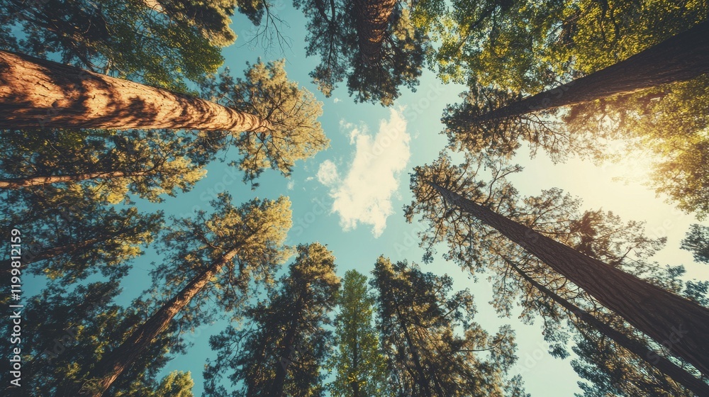 Poster from a high angle, towering sequoia trees dominate the landscape, their majestic trunks reaching for