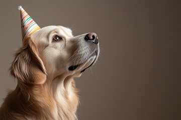 Golden retriever wearing a party hat celebrates a joyful occasion with a cheerful expression and festive atmosphere