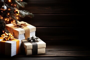 A festive holiday scene with brightly wrapped presents under a Christmas tree adorned with twinkling lights