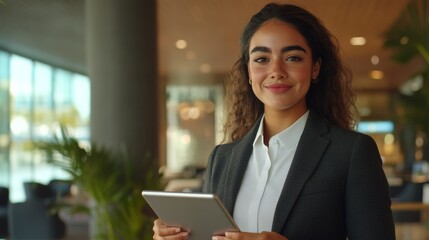 latin woman secretary smiling at the camera