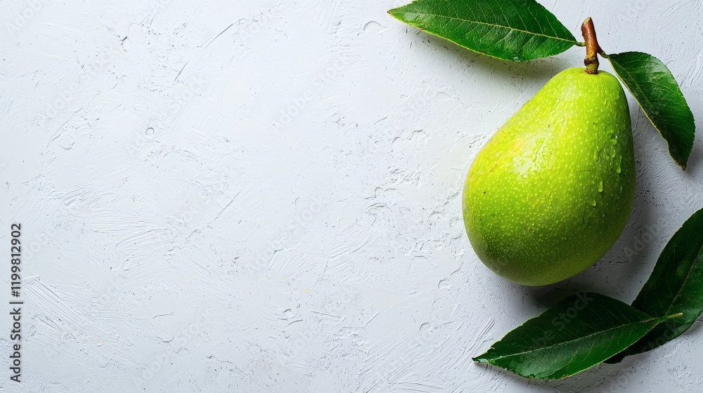 Aufkleber Isolated of a single unripe mango with its green skin and smooth surface centered on a plain white background Stock Photo with side copy space
