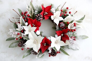A festive wreath hanging on a snow-dusted door, with pinecones, red ribbons, and frosted berries
