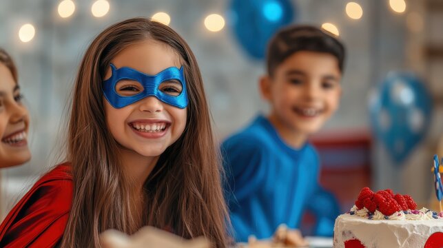 Superhero Birthday Party: A young girl, dressed as a superhero, beams with joy and laughter,  her mask adding an element of playful mystery and confidence.
