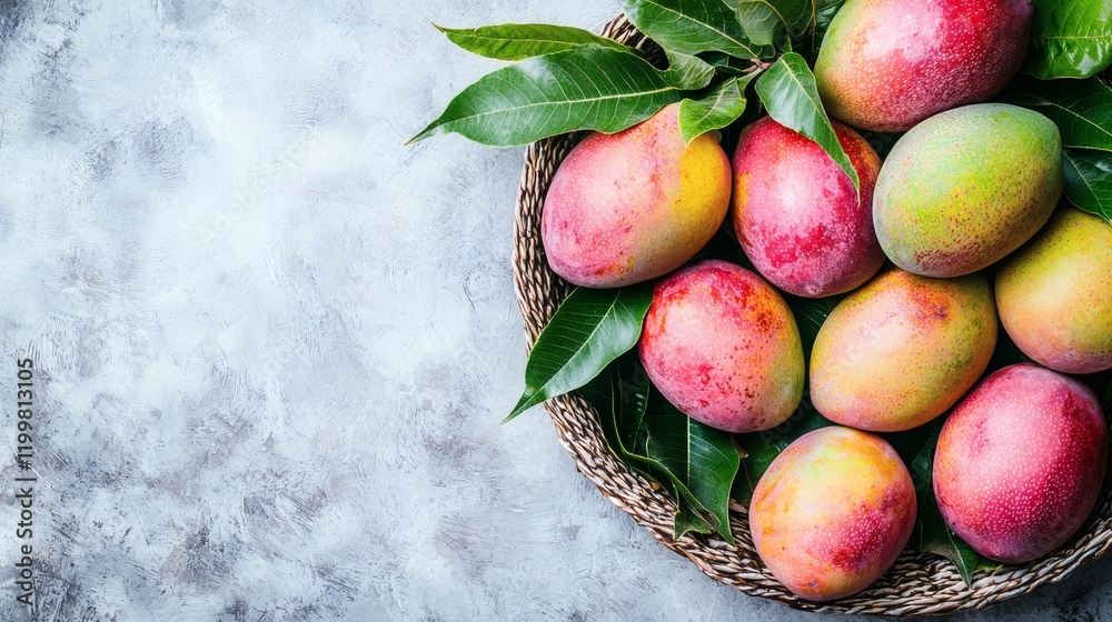 Poster isolated of mangoes with leaves attached placed loosely in a basket with a white background stock ph