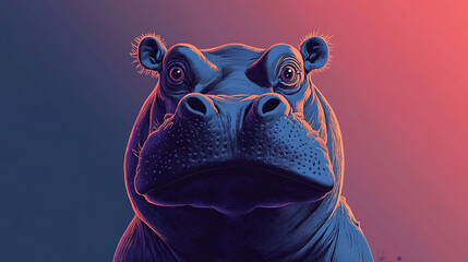 Hippopotamus, Hippo Portrait Cartoon Style in Vibrant Neon Tones with a Gradient Sunset Background