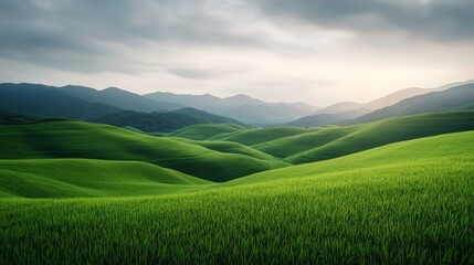 Elegant summer Indian monsoon landscape with vibrant green rice paddies pastel skies and atmospheric morning mist glowing in soft light serene and tranquil Canon 5D Mark IV photostock style 
