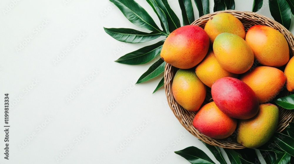Poster isolated of mangoes with leaves attached placed loosely in a basket with a white background stock ph