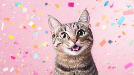 Party Cat: A playful tabby cat with wide eyes and tongue out, amidst a shower of colorful confetti against a vibrant pink background. This cheerful image is perfect for celebrating birthdays.