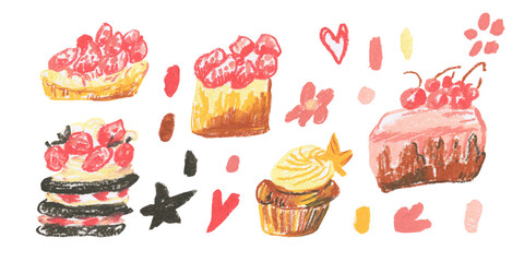 Clip art pink desserts drawn with wax crayons on white isolated background. Kids food collection of oil pastel illustrations. Designs for greeting cards, stickers, social media, posters.