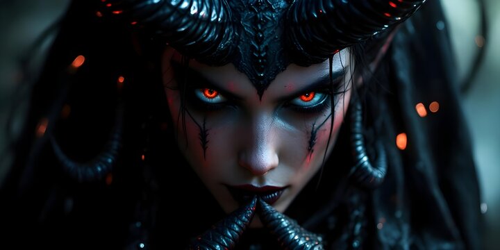 Close-up of a sinister female demon with glowing red eyes.