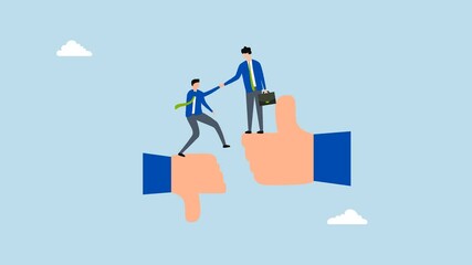 Mentor support, 4k animation of Businessman manager assists colleague transition from thumb down to thumb up. 