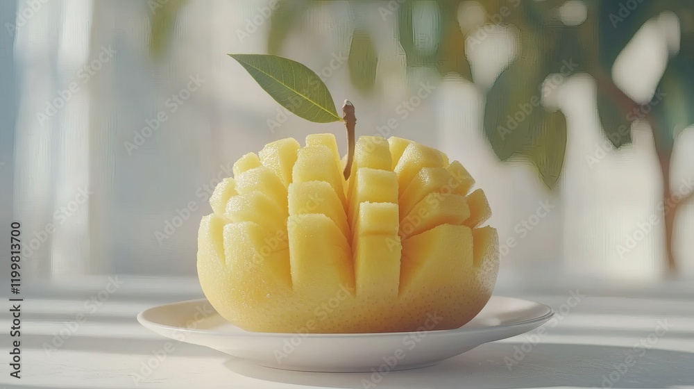 Poster Isolated of a whole mango next to slices arranged decoratively on a small plate on a white background Stock Photo with side copy space