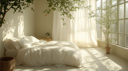 A serene bedroom with soft white bedding, natural light, and minimalist decor