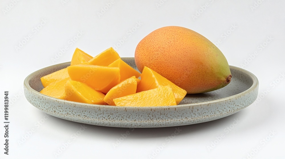 Poster isolated of a whole mango next to slices arranged decoratively on a small plate on a white backgroun
