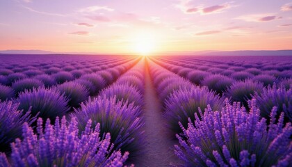 Fototapeta premium Lavender Fields at Sunrise with Vibrant Purple Flowers