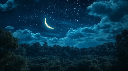 Fototapeta premium Crescent Moon Night Sky Above Dark Forest Trees