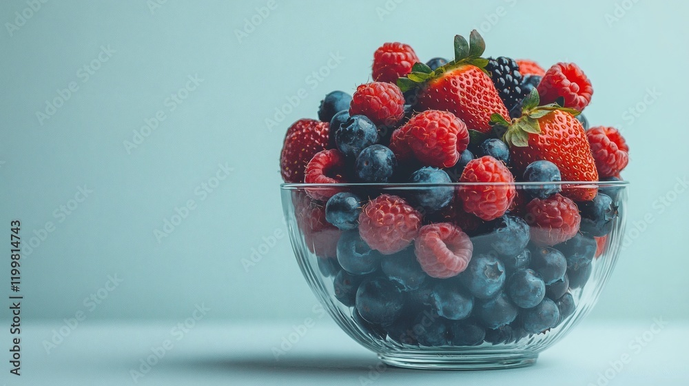 Poster isolated of a cluster of mixed berries including strawberries blueberries and raspberries arranged i