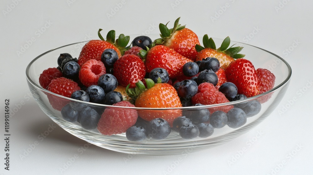Poster isolated of a cluster of mixed berries including strawberries blueberries and raspberries arranged i