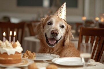 Golden retriever celebrates birthday at a festive table with cake and treats in a cozy indoor setting
