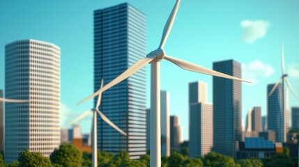 Obraz premium Modern Wind Turbines in a Cityscape with Skyscrapers and Trees