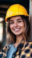 Female construction worker smiling, wearing yellow hardhat near building framework