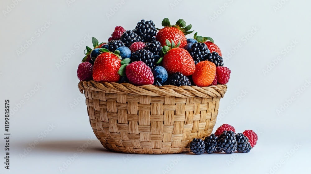 Poster isolated of mixed berries placed in a wooden basket with a rustic feel on a seamless white backgroun