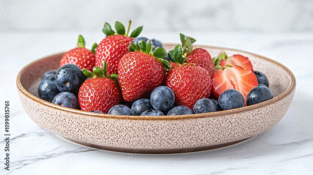 Poster isolated of fresh strawberries and blueberries arranged neatly in a porcelain dish on a white backgr
