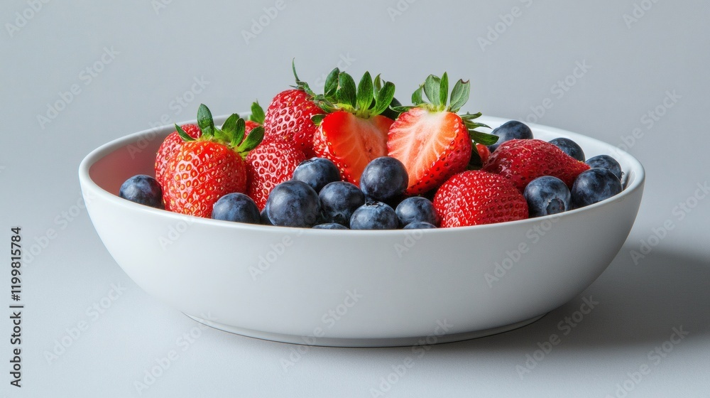 Poster isolated of fresh strawberries and blueberries arranged neatly in a porcelain dish on a white backgr