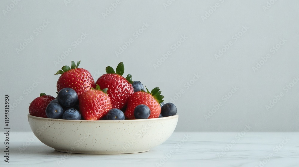 Poster isolated of fresh strawberries and blueberries arranged neatly in a porcelain dish on a white backgr