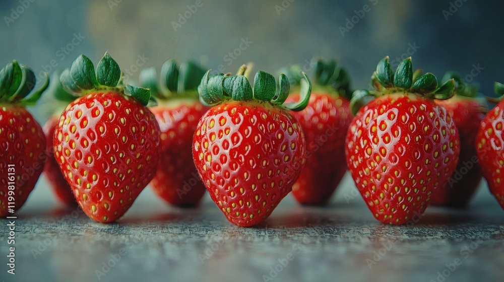 Aufkleber isolated of strawberries with their green tops still attached arranged in a line on a seamless white