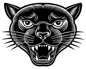 school style, bold outlines, white background. Fierce Panther Head Tattoo Design – Traditional Old-School Black Ink Illustration.