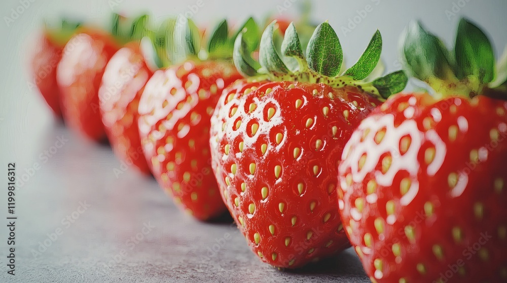 Aufkleber isolated of strawberries with their green tops still attached arranged in a line on a seamless white