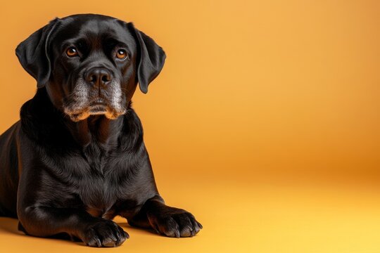 Black dog poses gracefully on a vibrant orange backdrop with a calm expression