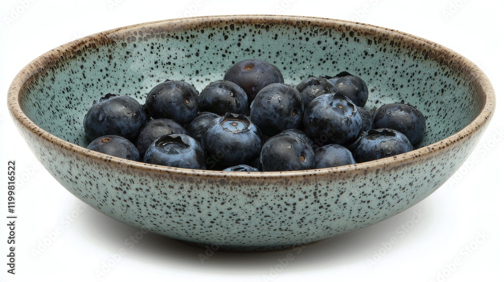 Poster isolated of blueberries grouped in a ceramic bowl creating a vibrant contrast on a clean white backg