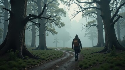 A person strides along a shadowy gray dirt path in a deep blue hoodie, with a rugged brown backpack slung over shoulders. The road curves left under a dusky sky