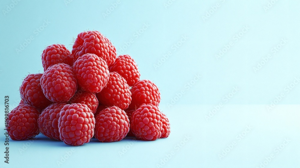 Poster isolated of fresh raspberries with their textured exterior forming a small pile on a seamless white 