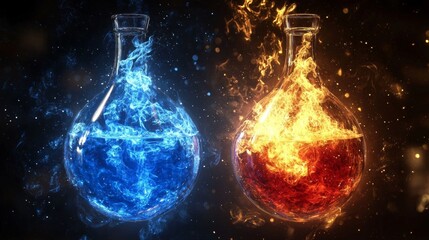 Flaming Alchemy Blue and Red Elixirs in Glass Flasks