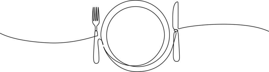 continuous line drawing of fork and knife with plate, line art vector illustration