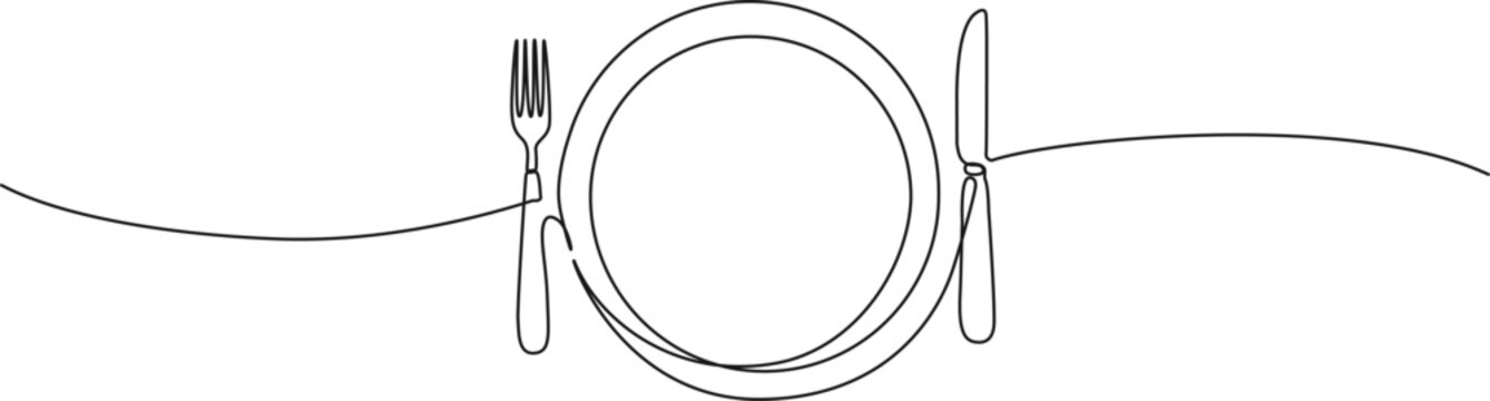 recommend clip art: continuous line drawing of fork and knife with plate, line art vector illustration