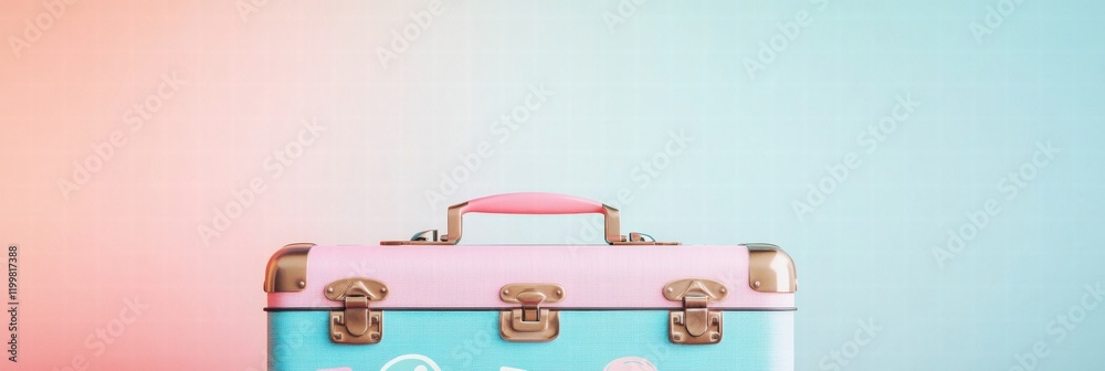 Aufkleber retro suitcase adorned with colorful travel stickers awaiting the next adventure across a vibrant ba