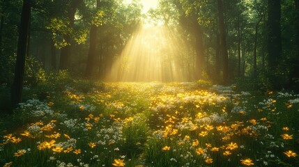 Naklejka premium A serene forest scene with sunlight filtering through trees, illuminating a flower-filled meadow.