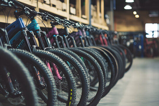 Many mountainbikes in a row, closup of bicycles