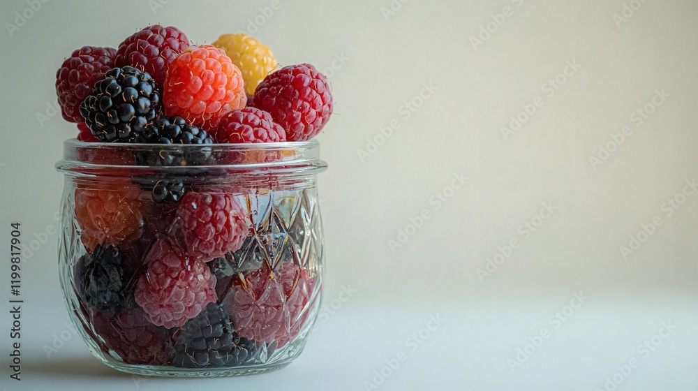 Aufkleber Isolated of assorted berries displayed together in a simple glass jar creating a vibrant and fresh presentation on a white background Stock Photo with side copy space