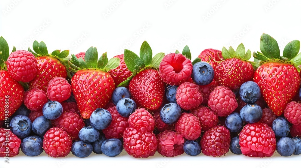 Poster isolated of strawberries blueberries and raspberries forming a colorful composition spread across a 